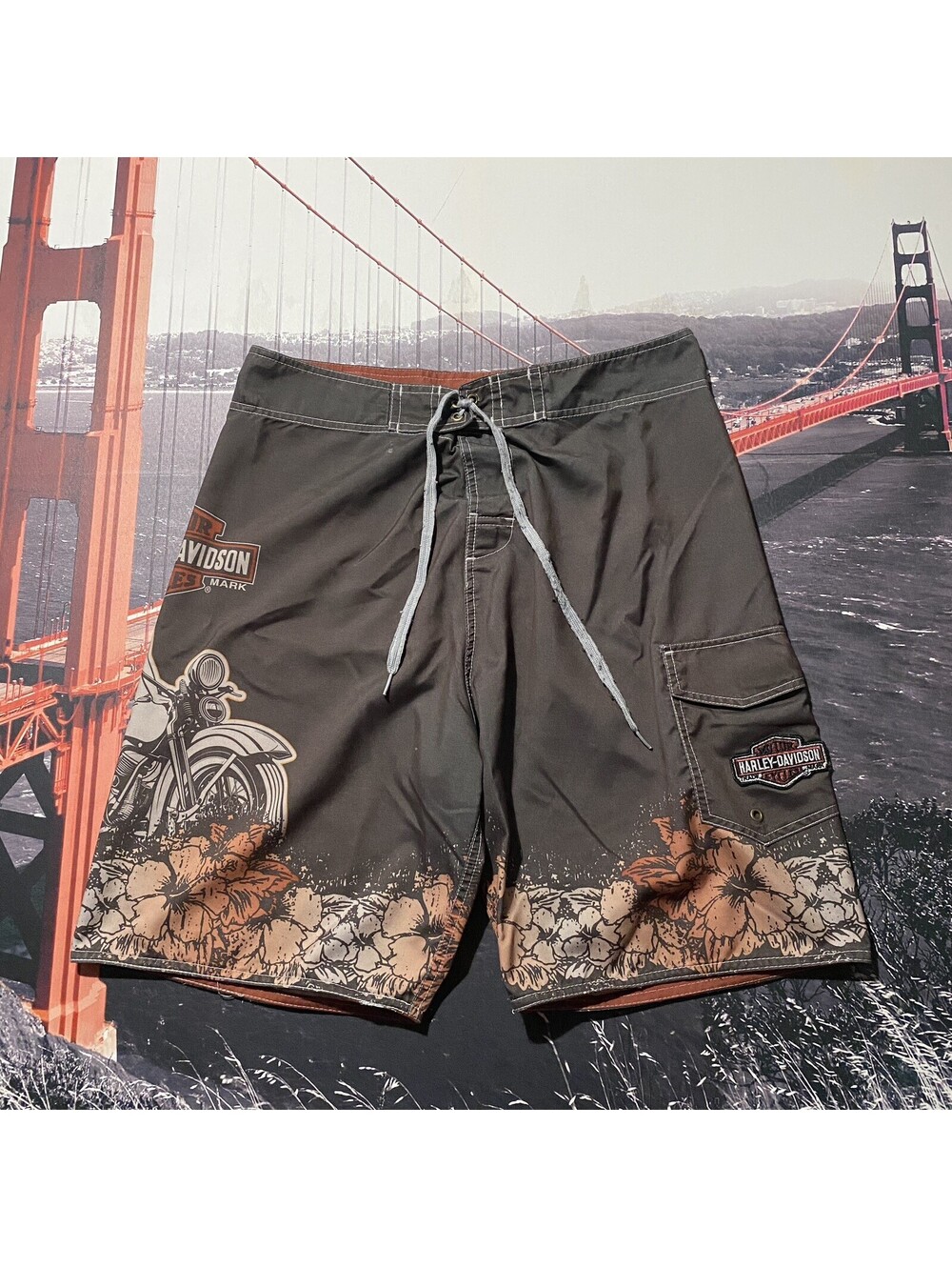Harley Davidson Board Shorts Mens 34 Brown Floral Motorcycle Swim Trunks VTG Y2K